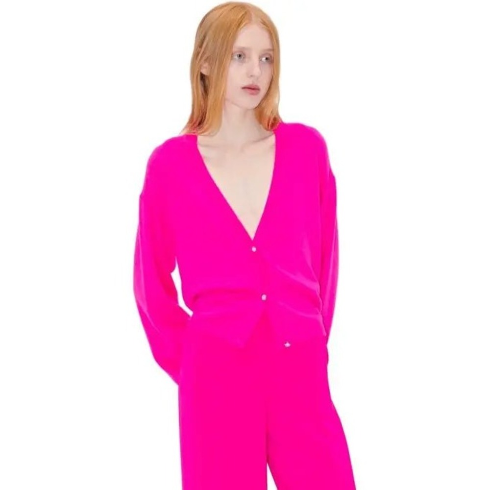 Stine Goya Suanne Fuchsia Pink Merino Wool Silk Cardigan XL Crystal Buttons NWOT